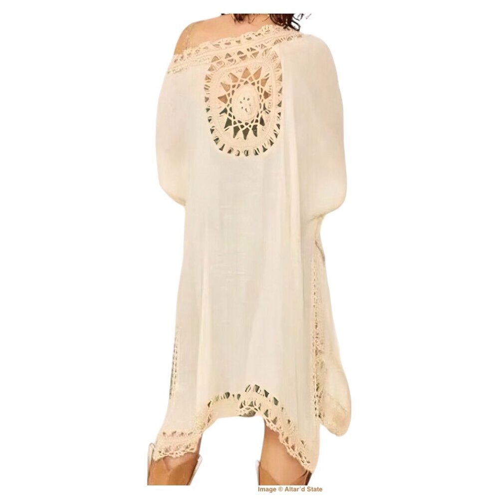 NWT Altar’d State Cream Crochet Trim Midi Boho Festival Kimono Beach Coverup